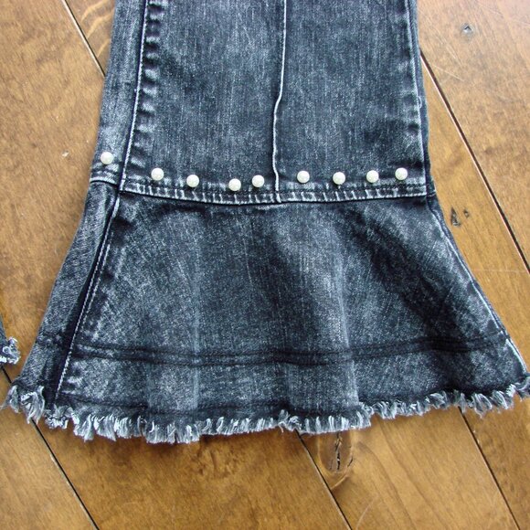 Flare Jeans Pearl Detailing Raw Hem Black Gray Boho Hippie Festival Wide Leg 6 - Picture 10 of 15